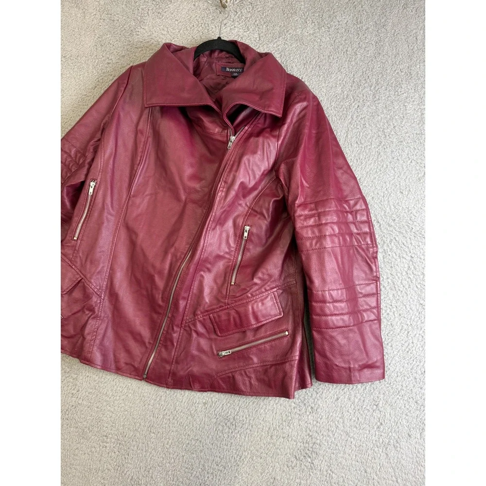 Roaman's Jacket Womens 16W Burgundy Leather Asymmetrical‎ Zip Moto Quilted Plus